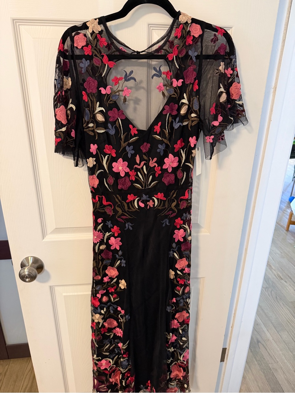 Anthropologie Black Maxi Dress with Pink & Purple Floral Embroidery